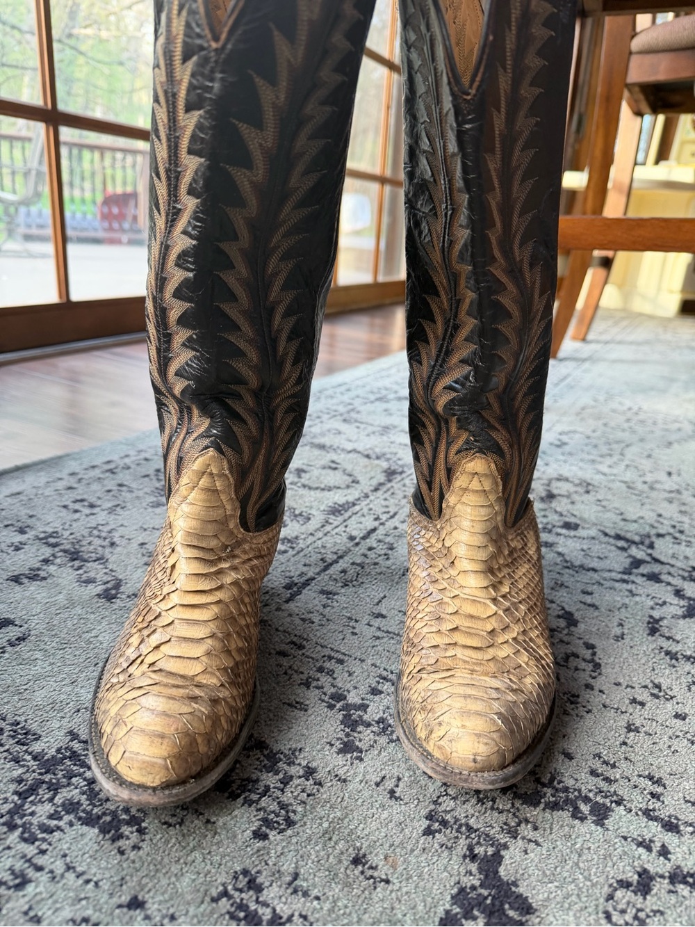 Tony Lama Black Shaft with Tan Snakeskin Vamps Western Boots